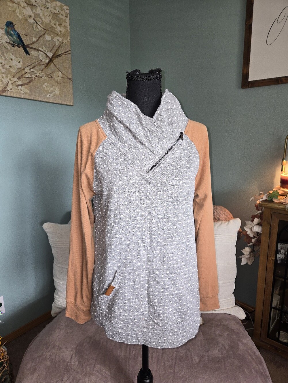 Maurices Gray & Camel Funnel Neck Pullover with Zip